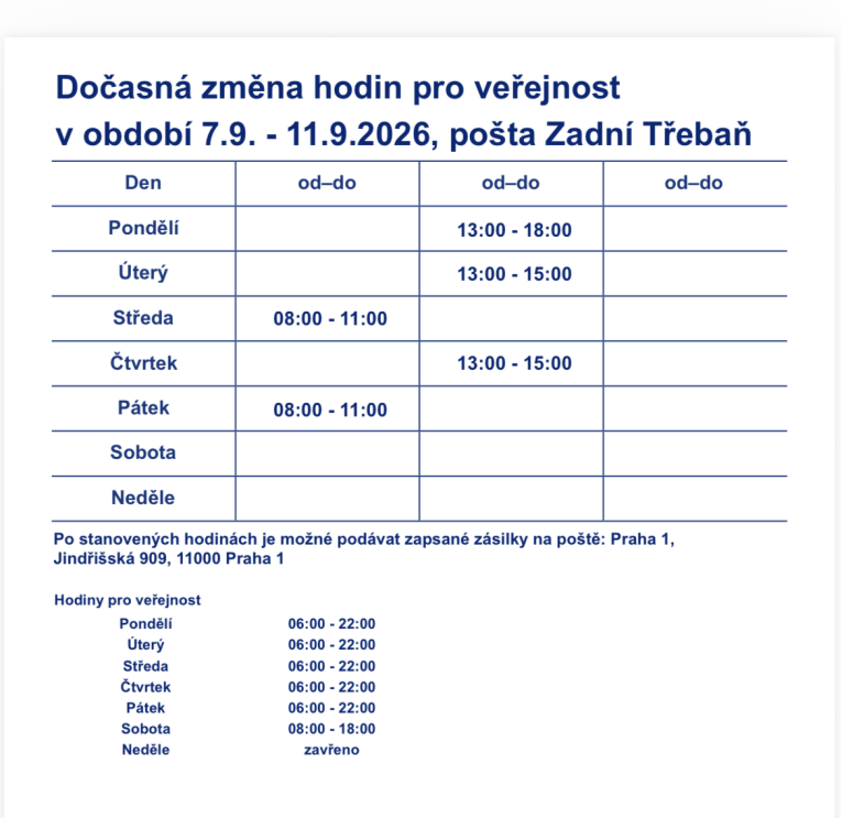 Otevírací doba pošty 7.9.-11.9.2026